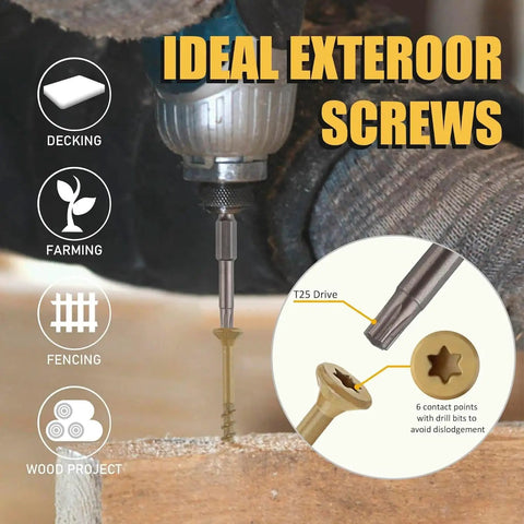 Tan 3 Inch Deck Screws No 10 300 Pack With Torx T25 Bit Included, highlighting uses for decking, fencing, wood projects, and farming.