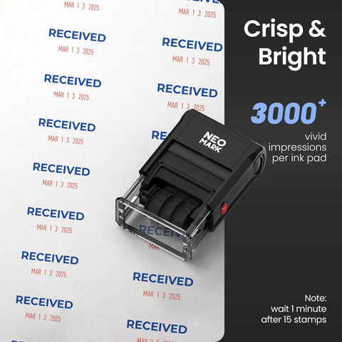 No Sweat Self Inking Date Stamp Engineered For Quick Adjustable Marking With Crisp Bright Impressions That Dry Fast And Keep Your Desk Papers Neat As A Pin Without Any Sticky Mess Or Headaches, showing vivid received date impressions on paper.