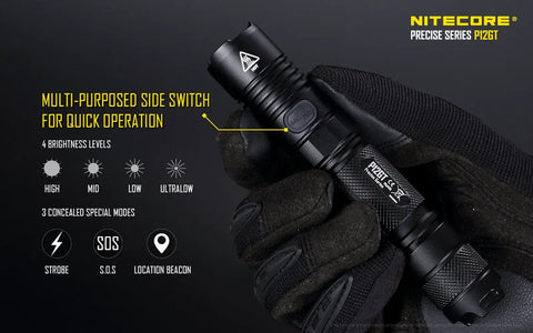 Gloved hand holding P12GT Flashlight With Cree XP L Hi V3 LED Up To 1000 Lumens Badass Optics For Long Throw Rugged Aluminum Body