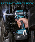 Three Eighths Inch Cordless Impact Wrench with 450 Nm Torque being used in tight engine space