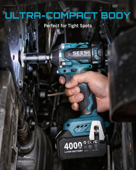 Three Eighths Inch Cordless Impact Wrench with 450 Nm Torque being used in tight engine space