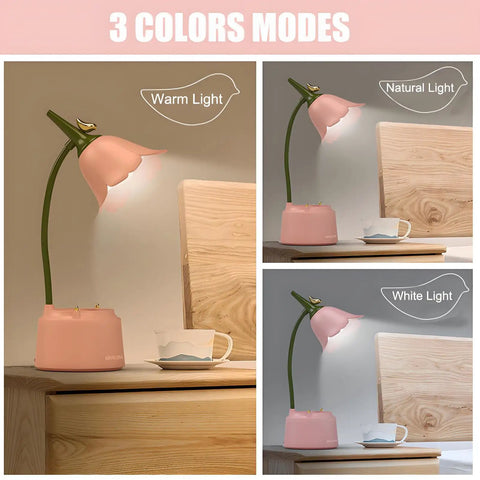 Cute LED Desk Lamp With Flower And Bird Design in warm, natural, and white light modes on a nightstand.