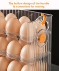 Close-up of 30 Grid Egg Organizer For Refrigerator With 3 Layer Flip Top Design, showing handle and clear plastic egg holder.