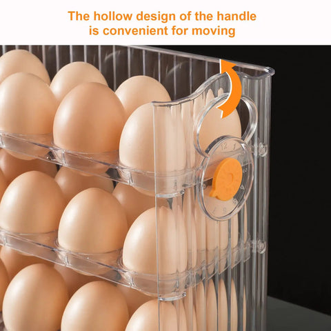 Close-up of 30 Grid Egg Organizer For Refrigerator With 3 Layer Flip Top Design, showing handle and clear plastic egg holder.