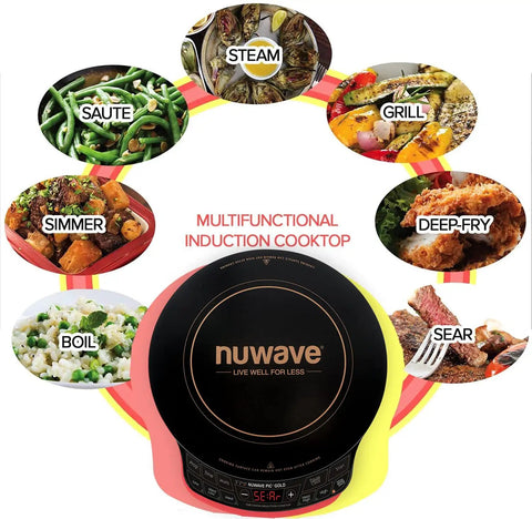 Gold Precision Induction Cooktop Portable And Powerful Multifunctional options shown including steam, grill, and boil features.