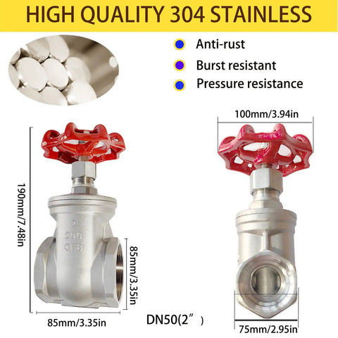 Heavy Duty 304 Stainless Steel Gate Valve 2 Inch NPT Female Thread Rotary Globe Valve dimensions and features image