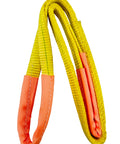 Flat Sling Eye To Eye Lifting Sling For Construction Hoisting 1 Inch By 4 Foot Strap Heavy Duty 2 Ply Pack 3200 Lbs WLL Built Tough Reinforced Webbing, yellow and orange close-up view