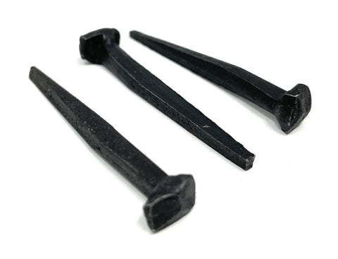 Three 2 Inch Wrought Head Nails Set Decorative Antique Rose Head Nails For Barn Doors Antiquing Projects, black oxide finish, laid flat.