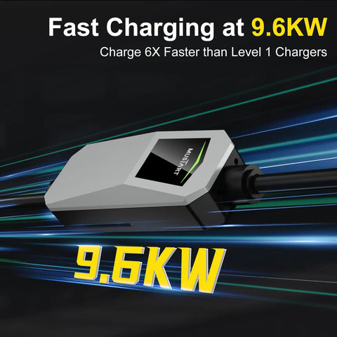 40 Amp Level 2 EV Charger With 240V NEMA 14-50 Plug For Tesla Models S, 3, X, Y And All NACS-Compatible Electric Vehicles Portable Charging Station, 9.6kW fast charging display.
