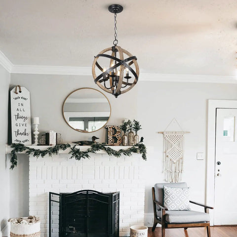 Cozy Rustic Farmhouse 4 Light Chandelier With Height Adjustable Design, wood frame, vintage white finish, hanging in living room.