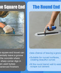 Pro Grade Three Piece Stainless Steel Concrete Trowel Set With 16 By 4 Inch 14 By 4 Inch And 12 By 4 Inch Flat Finishing Trowels demonstrating square and round ends on concrete surfaces.