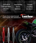 Beefy Aluminum Build Bike Maintenance Stand With Brake Holder and Ergonomic Grip Stand, three colors shown, beside motorcycle
