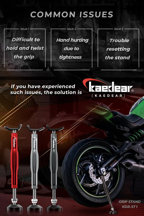 Beefy Aluminum Build Bike Maintenance Stand With Brake Holder and Ergonomic Grip Stand, three colors shown, beside motorcycle