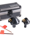 Three Piece 82 Degree Carbide Indexable Countersink Set With Inserts For One Quarter Inch One Half Inch And One And One Quarter Inch Shanks Smooth Cutting Without Chatter No Resharpening Required Pro Grade For Metalworking And Woodworking next to a metal carrying case.