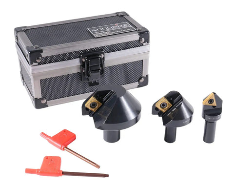 Three Piece 82 Degree Carbide Indexable Countersink Set With Inserts For One Quarter Inch One Half Inch And One And One Quarter Inch Shanks Smooth Cutting Without Chatter No Resharpening Required Pro Grade For Metalworking And Woodworking next to a metal carrying case.