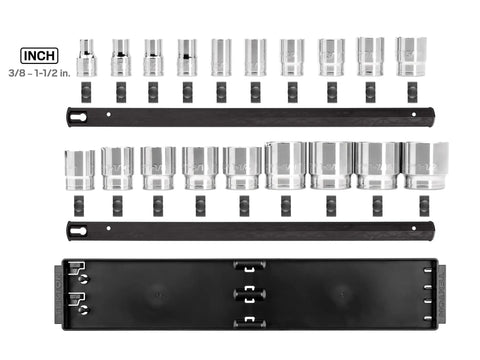 One Half Inch Drive Shallow Six Point Socket Set With Rails And Tray, 19-Piece laid out, showing high viz markings on sockets.
