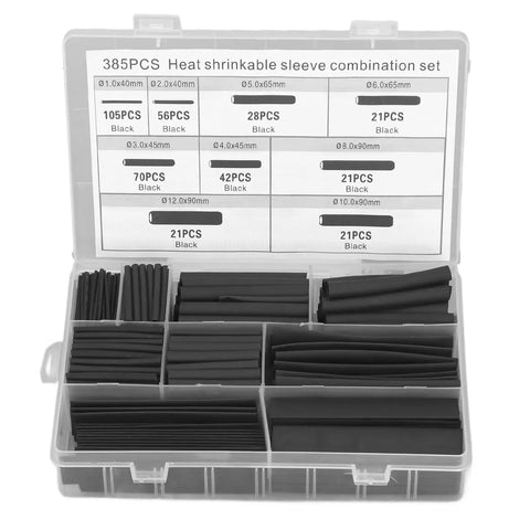 The Ultimate Heat Shrink Tubing Kit With 385 Pieces For Quick Cable Management And Electric Insulation Featuring Flame Retardant Wire Wrap Sets In Various Sizes Inside A Handy Storage Box For Serious Diy Projects And Professional Auto Repairs, open box