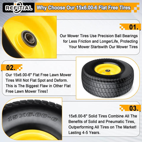 2-Pack 15x6.00-6 Flat Free Front Lawn Tractor Mower Wheels With 3 Inch Centered Hub illustrated features and benefits