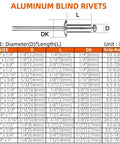 Size chart for aluminum blind rivets, diameters and lengths shown, corrosion resistant for indoor and outdoor use.