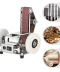 3-In-1 Mini Belt Sander And 7-Speed Knife Sharpener With Bench Grinder Attachment For Metalworking And DIY Projects, compact design.
