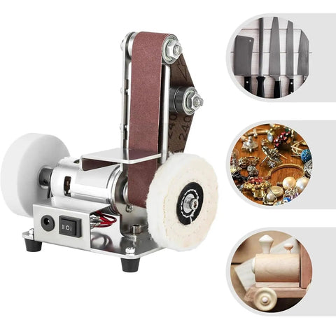 3-In-1 Mini Belt Sander And 7-Speed Knife Sharpener With Bench Grinder Attachment For Metalworking And DIY Projects, compact design.