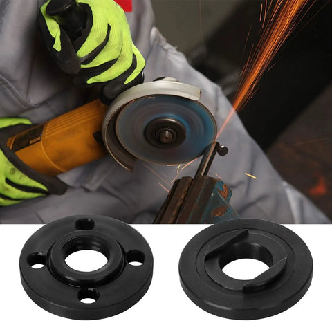 14 Piece Angle Grinder Flange Nuts Set 5/8-11 For 4-1/2 Inch Grinders Includes 6 Inner Nuts, 6 Outer Nuts, And 2 Spanners Pro Grade Replacement Kit For DIYers Home Shop shown in use with sparks