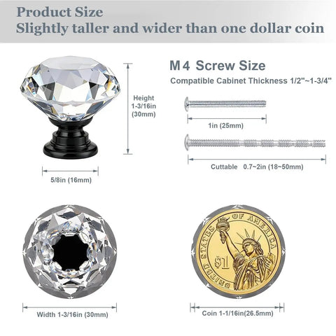 Dimensions and comparison of a Crystal Cabinet Knobs Set 50 Pack for Dresser, 1-3/16 Inch Diamond Glass Pulls with screws and coin.