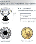 Crystal Glass Cabinet Knobs Six Pack With Cuttable Screws size comparison with coin and screw dimensions display