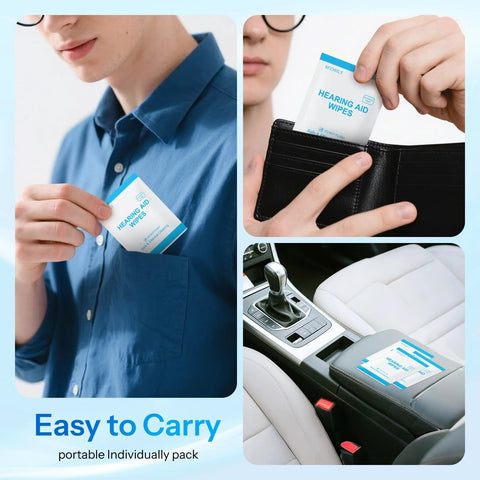 Hearing aid cleaning wipes, individually wrapped; kept in pocket, wallet, car console. Alcohol-free, 4.7 x 6 in, 200-ct