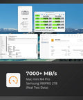 Real test data showing speeds over 7000 MB/s using Samsung 990 PRO 2TB with Mac mini M4 Pro.