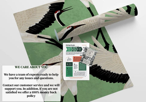 Rolled Removable Green White Japanese Herons Modern Wallpaper with eco paper, easy peel, for living rooms and home decor.