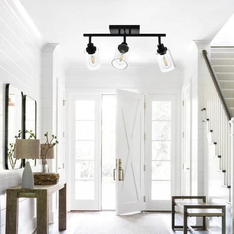 Three Light Black Vanity Light Bar With Rotating Track Heads And Clear Glass Shade 20.5 Inch Ceiling Fixture in foyer