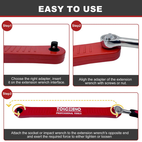 Steps showing assembly of Zero Offset Extension Wrench Set Pro Grade Extender Tool With 1/4 Inch, 3/8 Inch, And 1/2 Inch Square Drive Adapters