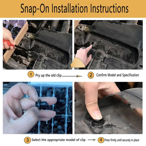 240 Piece Bumper Retainer Clips Kit For Ford GM Toyota Honda, Nylon Push Rivets And Retainers In 12 Sizes, Universal Auto Body Panel And Trim Replacement, Durable Black Plastic. Snap-on installation steps for bumper clip replacement