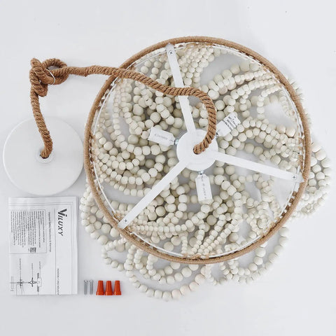Bohemian Wood Beaded Pendant Light With White Finish Rustic Three Light Mini Chandelier for cozy vibe with instructions