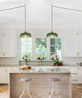 Chic Green Glass Plug In Pendant Light Fixture For Kitchen Island And Dining Room, Smooth Plug And Play Design, E26 Base Ready, Two pendant lights over kitchen island.