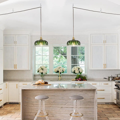 Chic Green Glass Plug In Pendant Light Fixture For Kitchen Island And Dining Room, Smooth Plug And Play Design, E26 Base Ready, Two pendant lights over kitchen island.