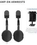 Two Pack Clamp Adjustable Armrests Transform Your Home Office Into A Hella Comfy Haven With Flexible 360 Rotating Elbow Support And Sturdy Steel Base Stand For Epic Desk Setups In Classic Black, showing dimensions of armrests and clamp details.