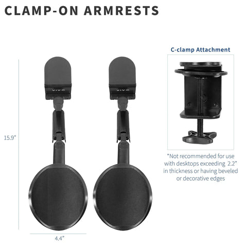 Two Pack Clamp Adjustable Armrests Transform Your Home Office Into A Hella Comfy Haven With Flexible 360 Rotating Elbow Support And Sturdy Steel Base Stand For Epic Desk Setups In Classic Black, showing dimensions of armrests and clamp details.