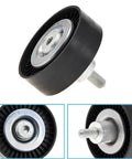 Top Tier Belt Tensioner Pulley Assembly Perfect For Porsche Cayenne And Panamera 3.0 V6 showing rubber wheel and metal core.