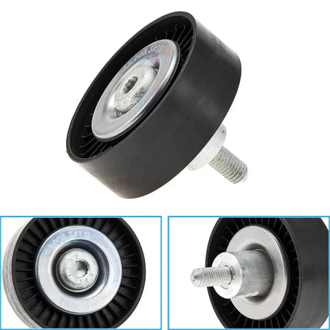 Top Tier Belt Tensioner Pulley Assembly Perfect For Porsche Cayenne And Panamera 3.0 V6 showing rubber wheel and metal core.
