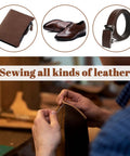 Person sewing leather with Two Roll Waxed Thread Sewing Kit With Seven Hand Needles For Diy Home Upholstery, Carpet, Canvas, Bags And Sofa Repair, Heavy Duty Darning Set In Black And Khaki For Quick Fixes. Leather products in background.