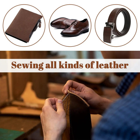 Person sewing leather with Two Roll Waxed Thread Sewing Kit With Seven Hand Needles For Diy Home Upholstery, Carpet, Canvas, Bags And Sofa Repair, Heavy Duty Darning Set In Black And Khaki For Quick Fixes. Leather products in background.