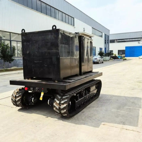 Heavy Duty Self Propelled Machinery Moving Dolly With Remote Control For Industrial Equipment Transport carrying two large black boxes.