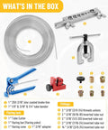 25 Ft Zinc Plated Brake Line Flaring Tool Kit With 3 In 1 Bender, 7 In 1 Flare Bar, Tube Cutter, Flaring Cone, 3/16 Inch Flaring Adapter, 2 Unions, And 20 Fittings displayed.