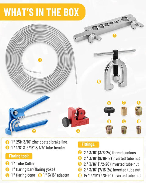 25 Ft Zinc Plated Brake Line Flaring Tool Kit With 3 In 1 Bender, 7 In 1 Flare Bar, Tube Cutter, Flaring Cone, 3/16 Inch Flaring Adapter, 2 Unions, And 20 Fittings displayed.
