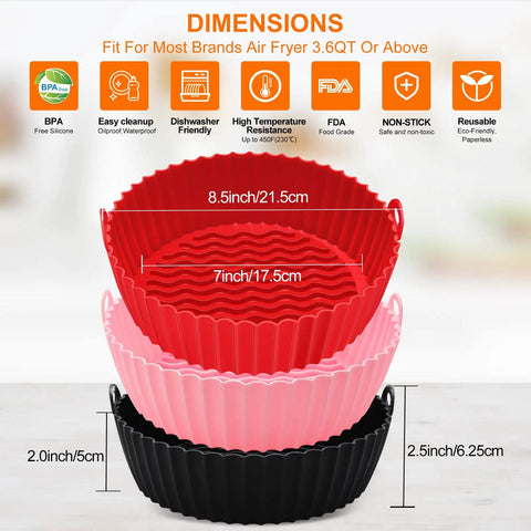 Reusable Silicone Air Fryer Liners Set Of 3, 8.5 Inch Round Basket Liners, Nonstick Heat Resistant Easy Clean, stack showing dimensions.