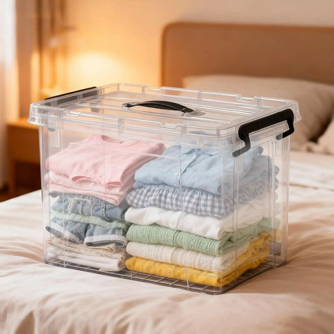 Massive 90 QT 8 Pack Stackable Clear Storage Tote Bins With Secure Snap Lids For Heavy Duty Home Office Garage Organization And Toy Cleanup That Creates A Clean Sweep