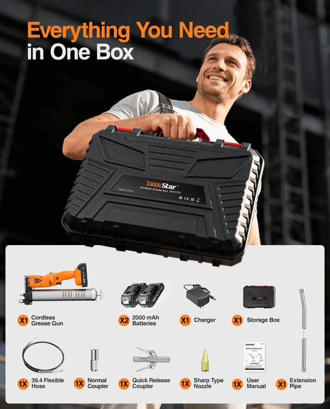 Man holding kit of Beefy 2-In-1 Electric Grease Gun With 10000 PSI Cordless Power, dual batteries, charger, hose, and couplers.