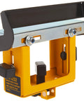 Close-up of Built Tough Miter Saw Workpiece Stop and Adjustable Rail Support, featuring quick release design for stability.